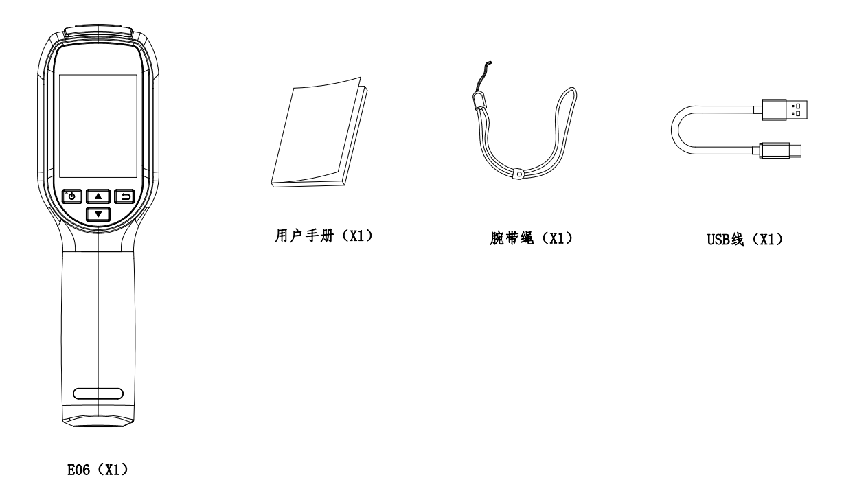 E06 主机、USB 线、腕带挂绳和用户手册装箱清单